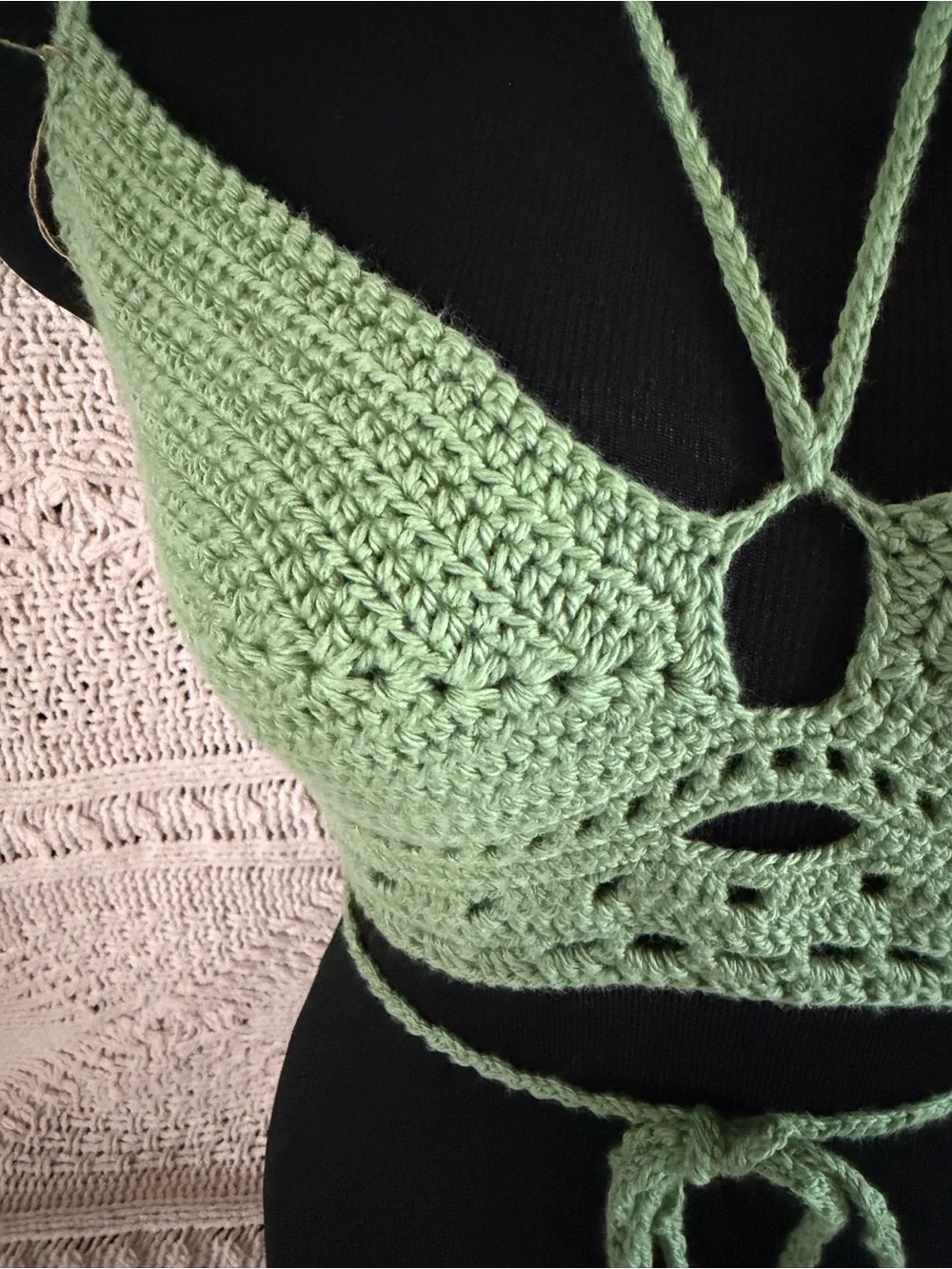 Handmade Crochet Halter Crop Top in Sage Green (Cotton Yarn)